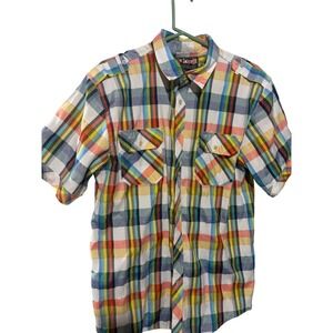 Black Lacquer Mens XL Short Sleeve Plaid Button Down Shirt Multicolor Epaulettes
